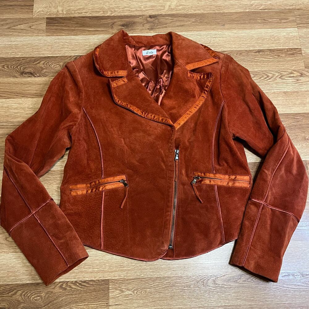 Di Vita Suede Moto Blazer Jacket Size 8 Burnt Orange - Picture 4 of 16